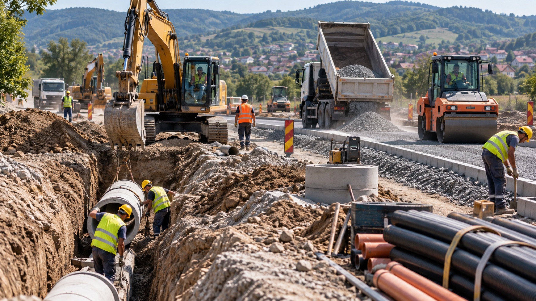 Echipe și utilaje lucrează simultan la drumuri și rețele de utilități