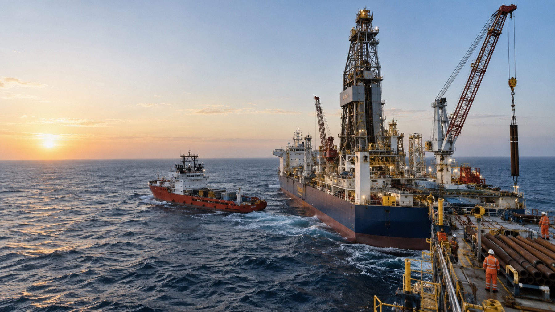Navă de foraj și navă de suport lucrează la un proiect offshore de gaze