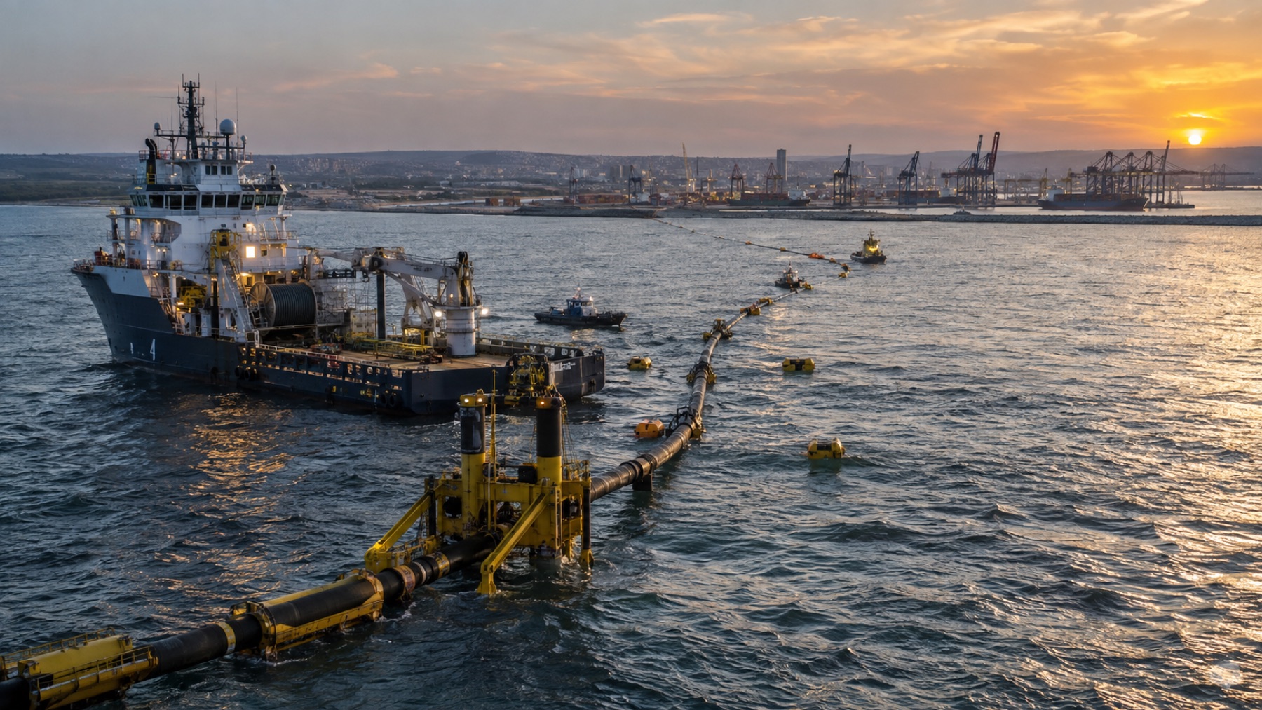 Navă specializată montează o conductă offshore spre un port industrial