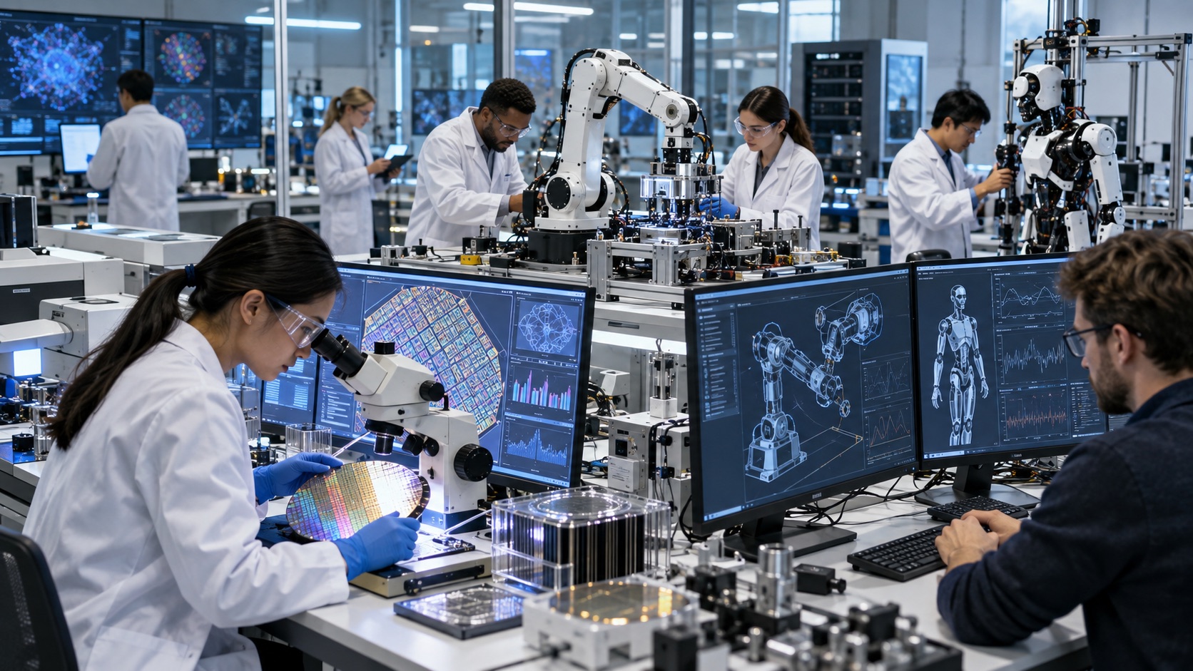 Cercetători lucrează cu roboți și plachete semiconductoare într-un laborator