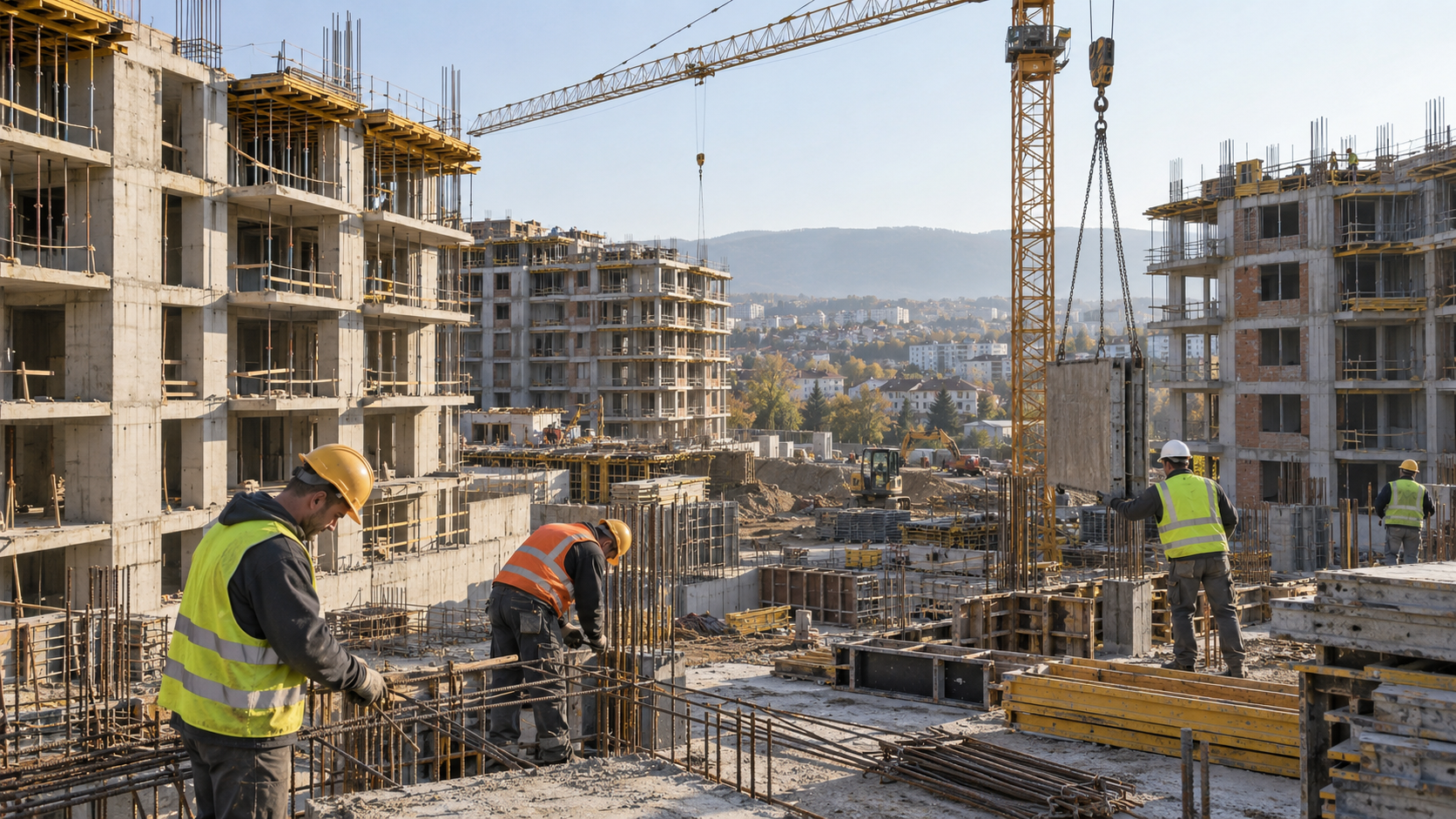 Muncitori ridică structura unui ansamblu rezidențial aflat în construcție