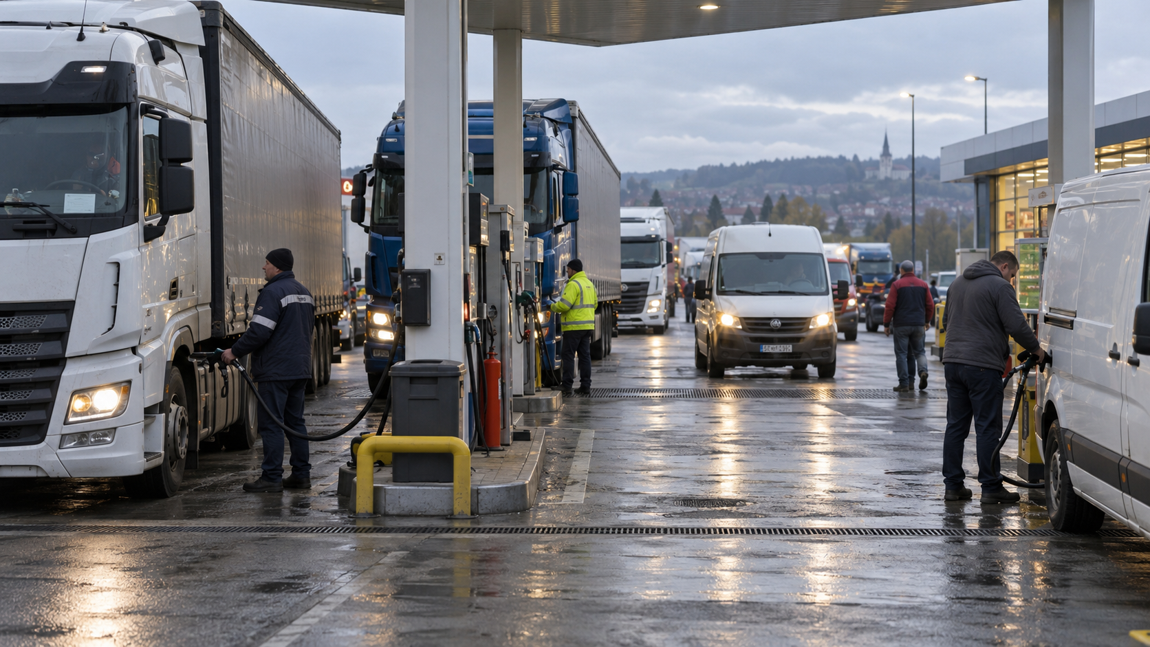 Camioane și autoutilitare alimentează cu motorină într-o stație aglomerată