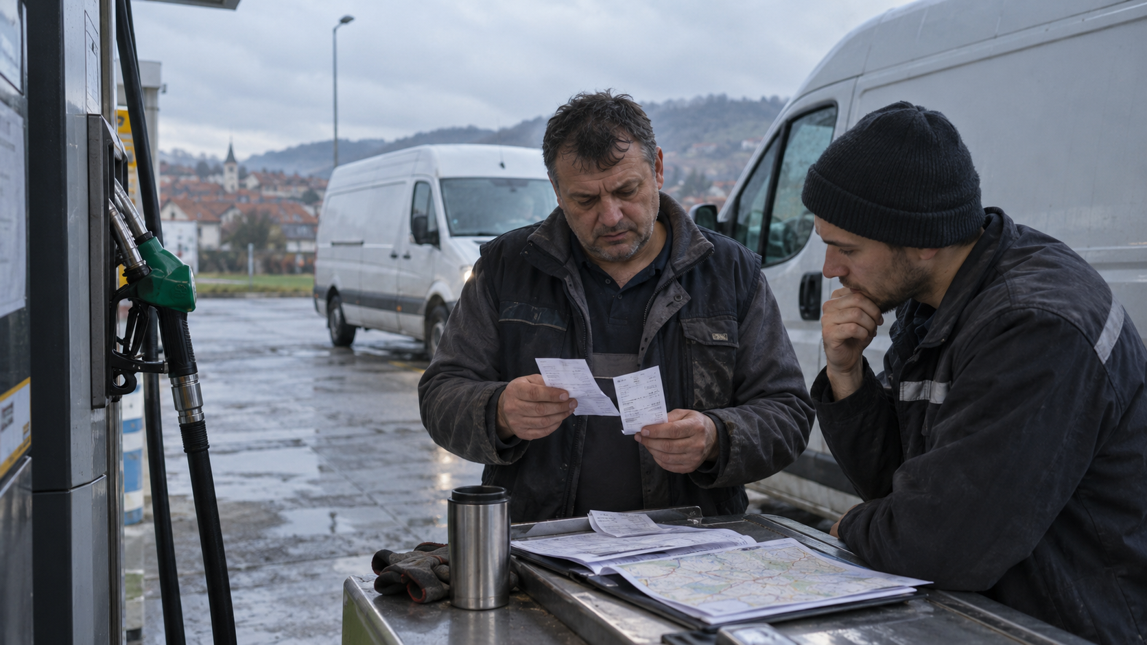 Proprietar de firmă și șofer analizează bonurile de carburant lângă autoutilitare