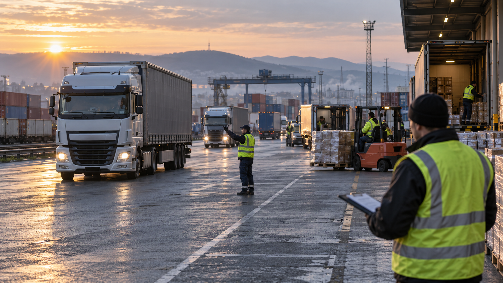 Muncitori coordonează transportul de mărfuri într-un terminal logistic activ