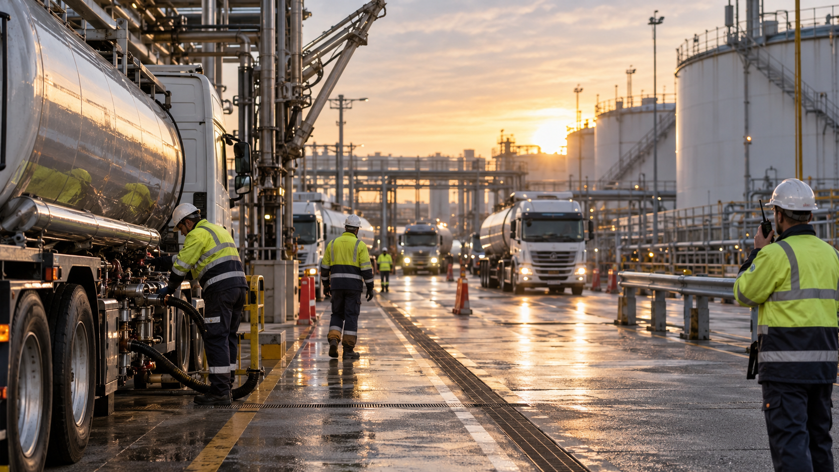 Lucrători coordonează încărcarea autocisternelor într-un terminal european de carburanți