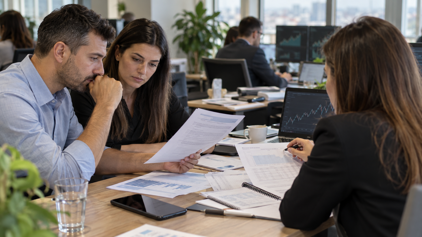 Investitori discută cu un consultant despre documentele unei oferte de titluri de stat