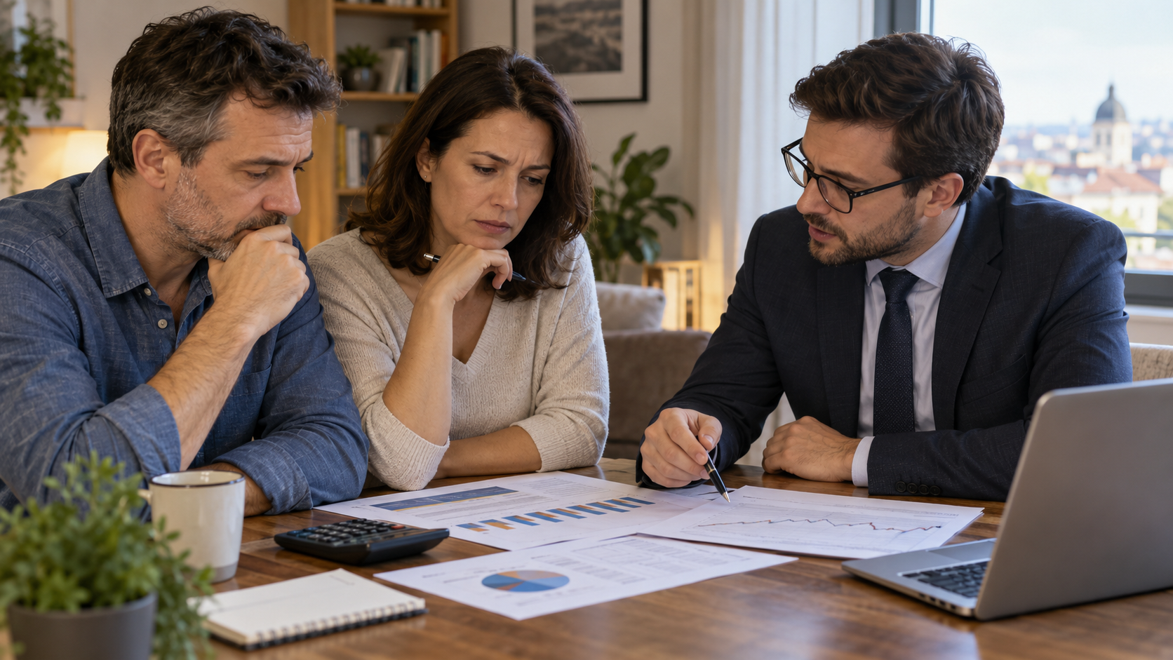 O familie analizează împreună cu un consultant opțiuni de economisire și investiții