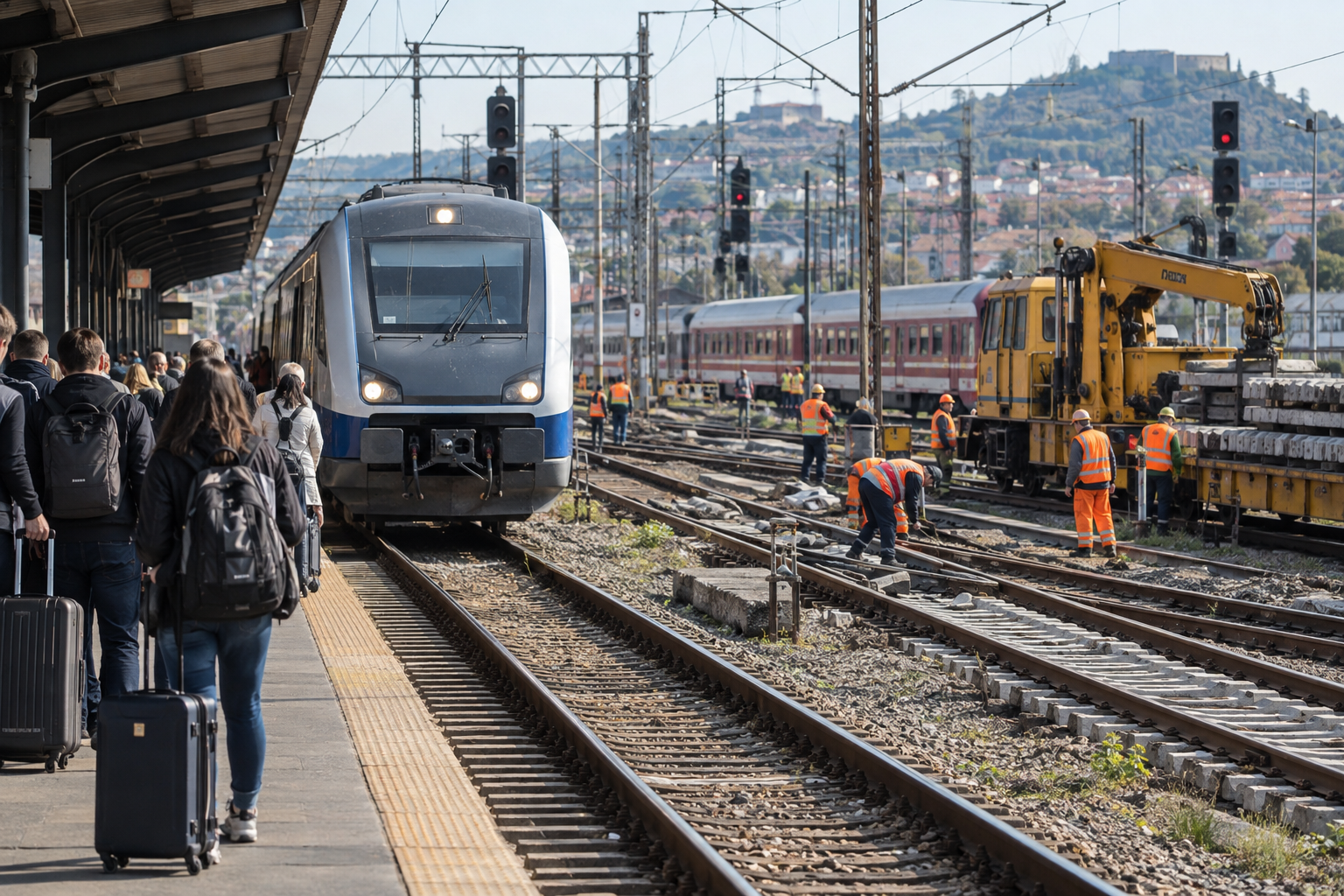 Călători așteaptă lângă un tren, în timp ce echipe feroviare lucrează la linii