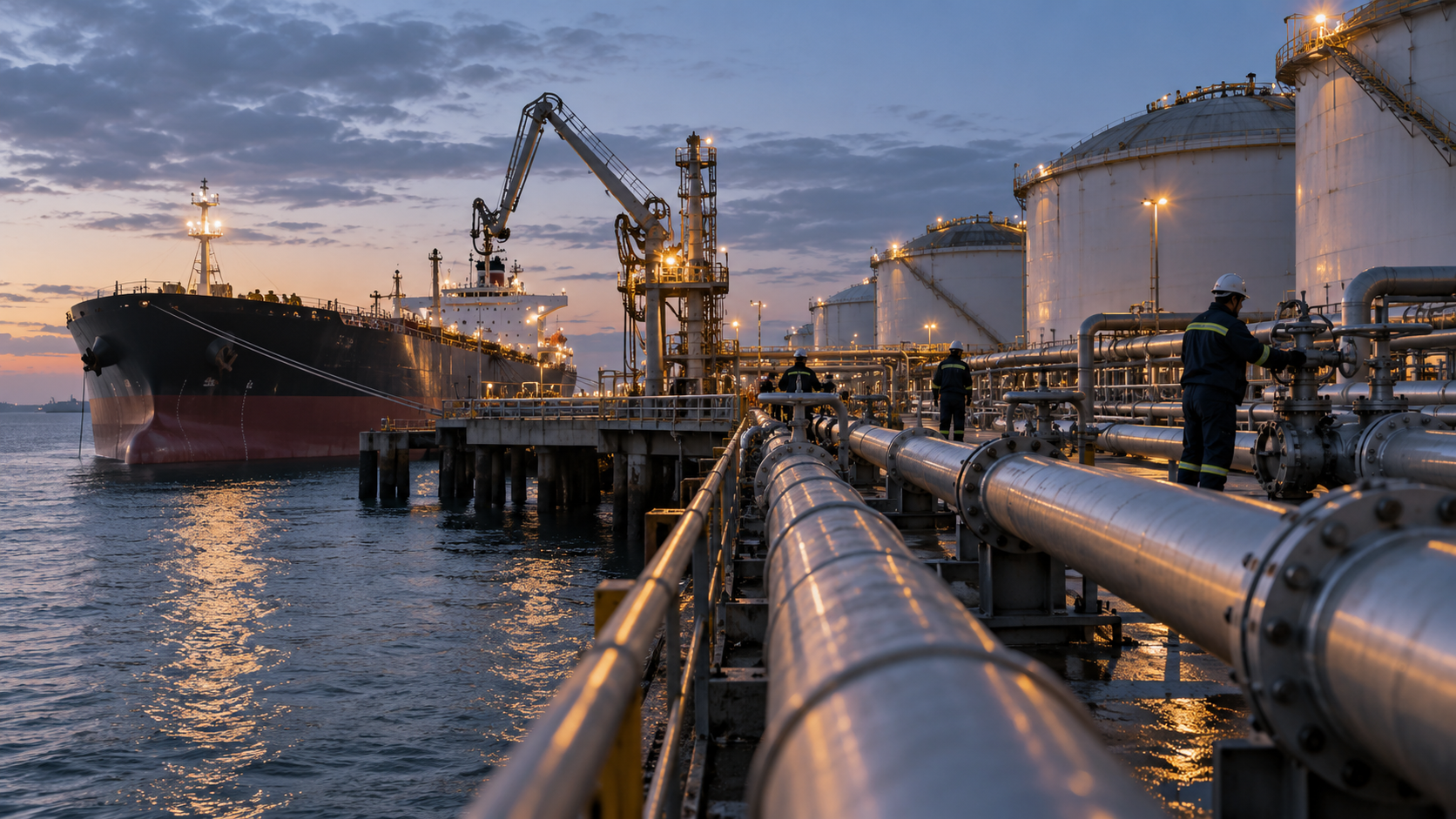 Terminal petrolier activ la răsărit, cu conducte, rezervoare și un petrolier la cheu