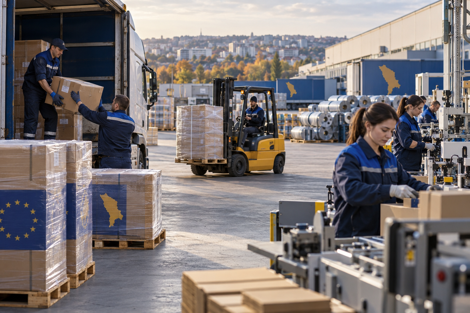 Muncitori încarcă mărfuri într-o zonă industrială din Republica Moldova