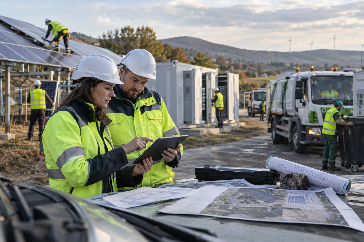 Ingineri verifică planurile unei instalații solare cu baterii destinată serviciilor publice