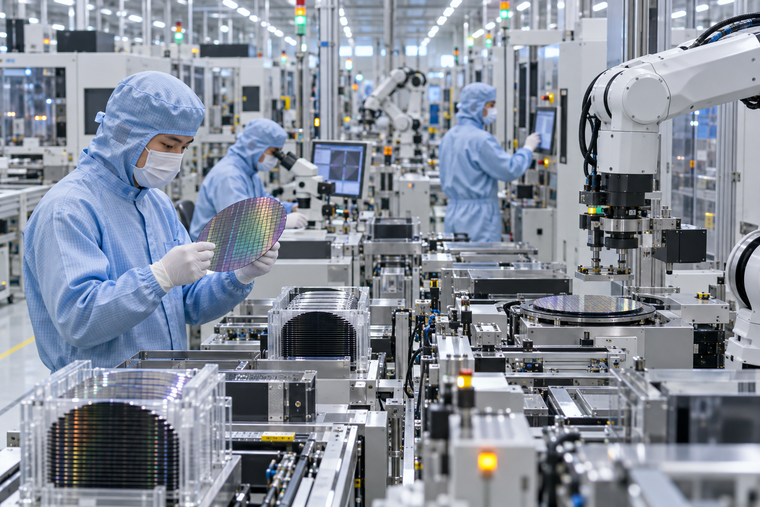 Tehnicieni lucrează alături de roboți într-o fabrică de semiconductori din Asia de Est