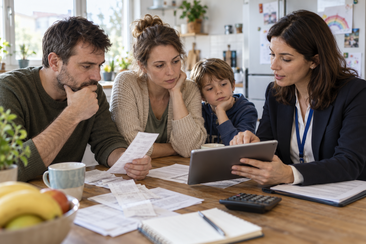 O familie analizează facturi și bonuri împreună cu o consilieră pentru sprijin social