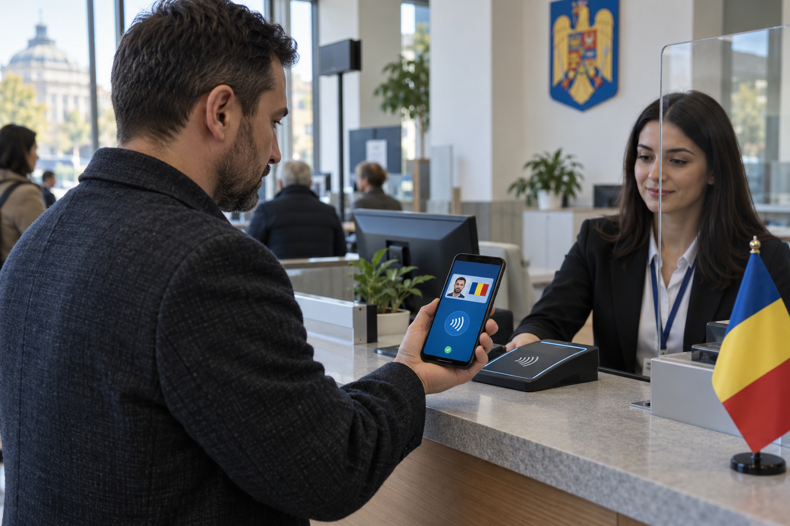 Cetățean folosește un portofel digital de identitate la un ghișeu public din România