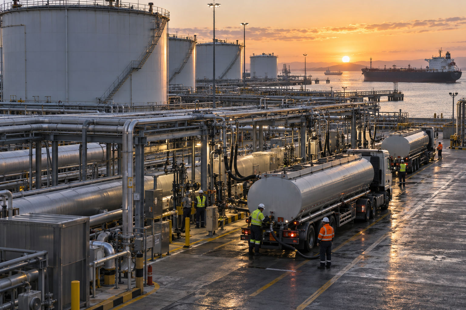 Cisterne sunt încărcate într-un terminal petrolier care alimentează piața cu motorină