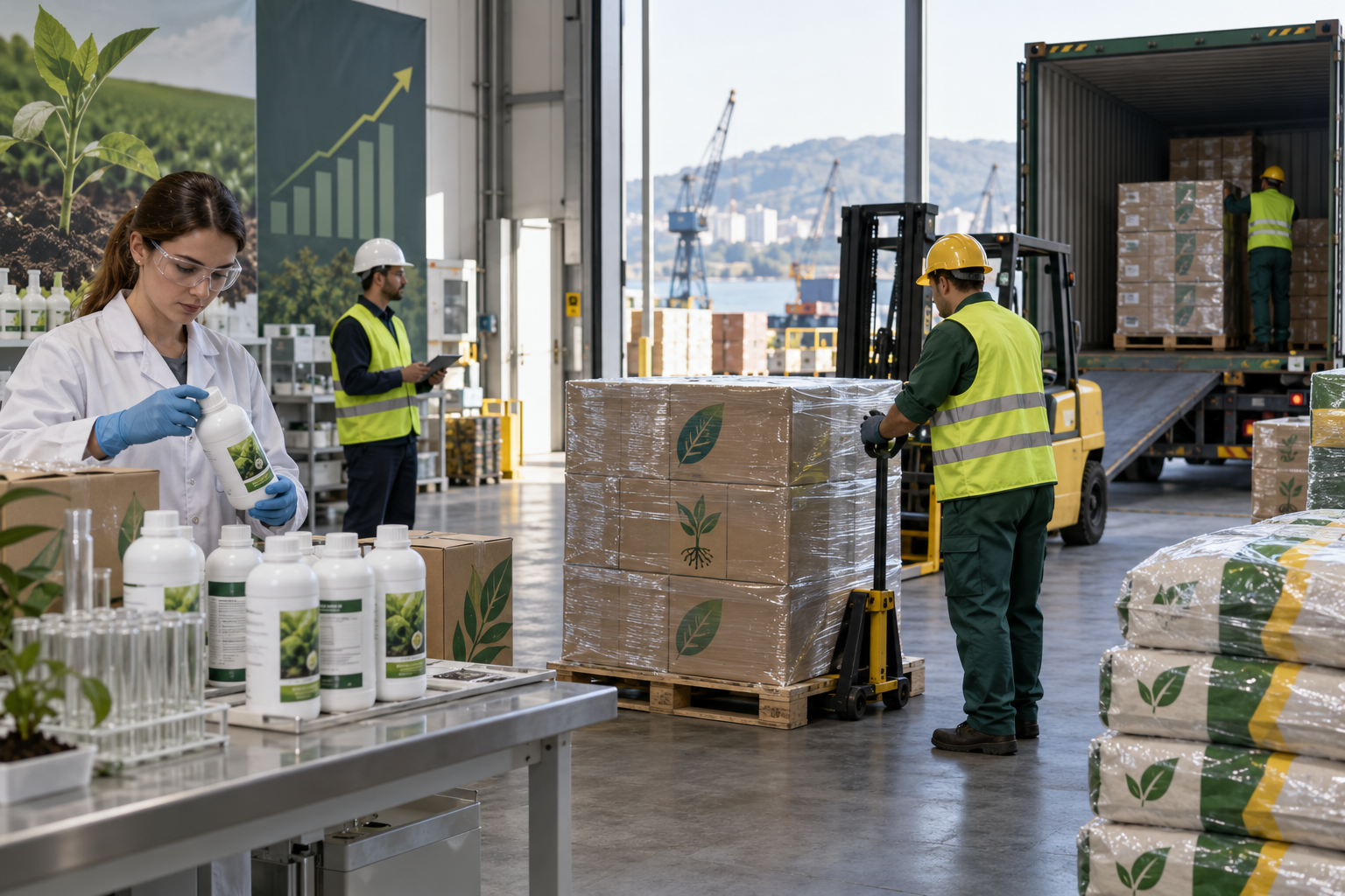 Produse biologice pentru agricultură sunt pregătite într-un depozit pentru export