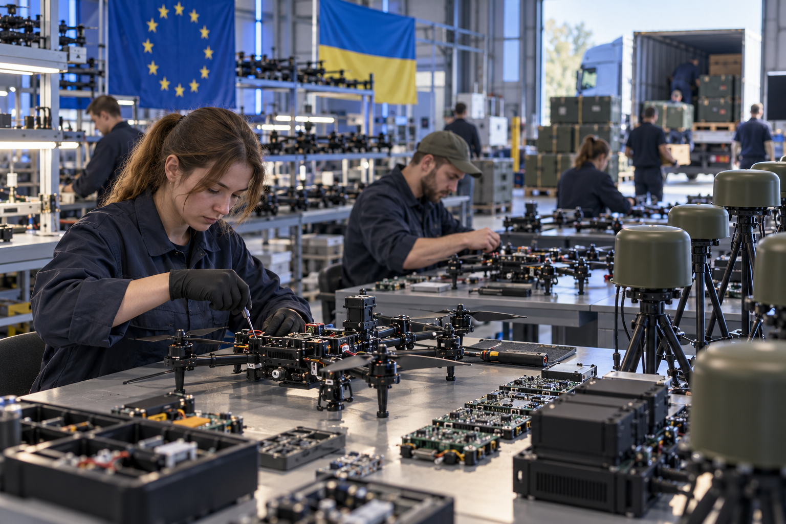 Lucrători asamblează drone și componente electronice într-o fabrică ucraineană