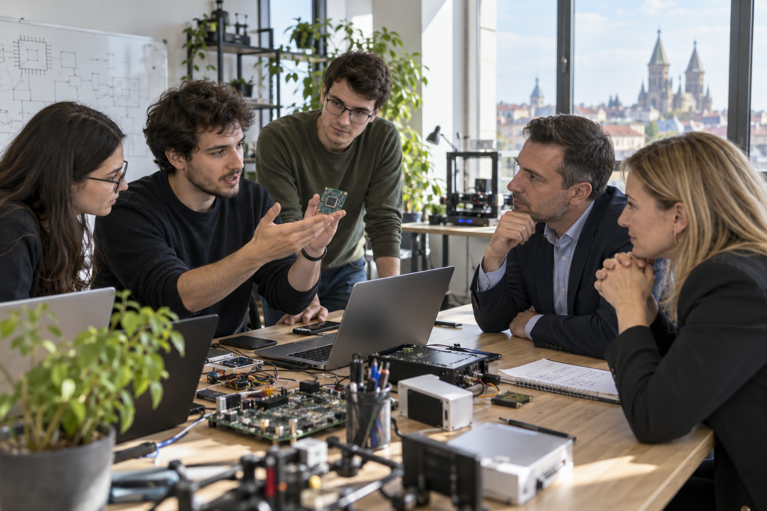 Fondatorii unui startup tehnologic prezintă un prototip unor investitori