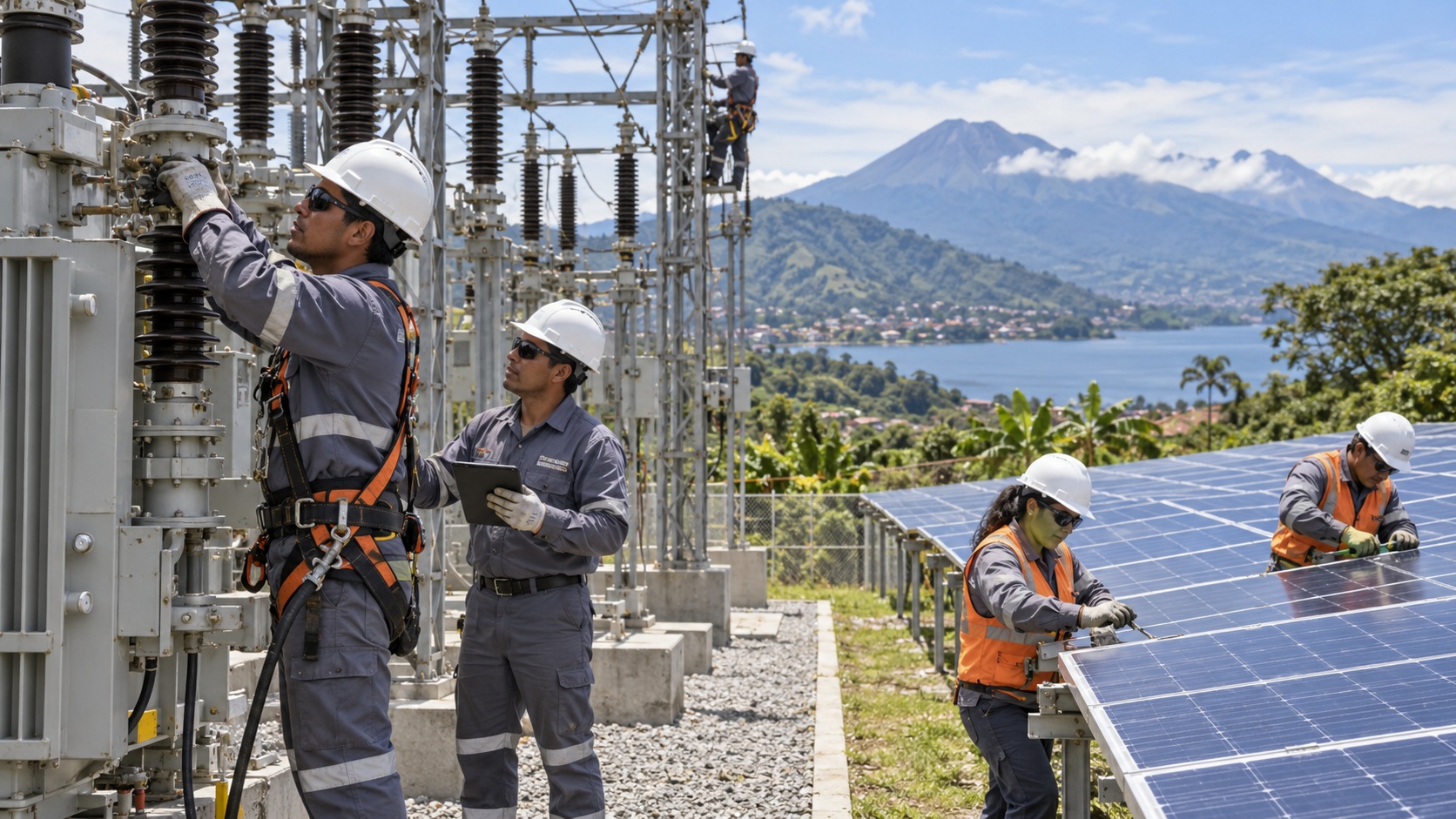 Electricieni și tehnicieni solari lucrează la o stație electrică din America Latină