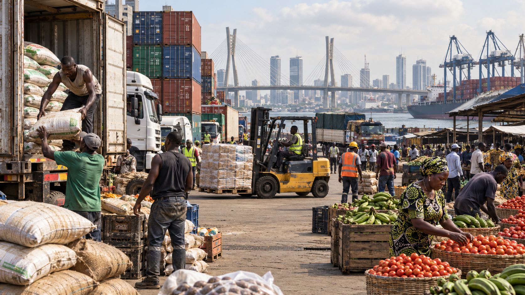 Muncitori, camioane și comercianți într-un nod logistic aglomerat din Lagos
