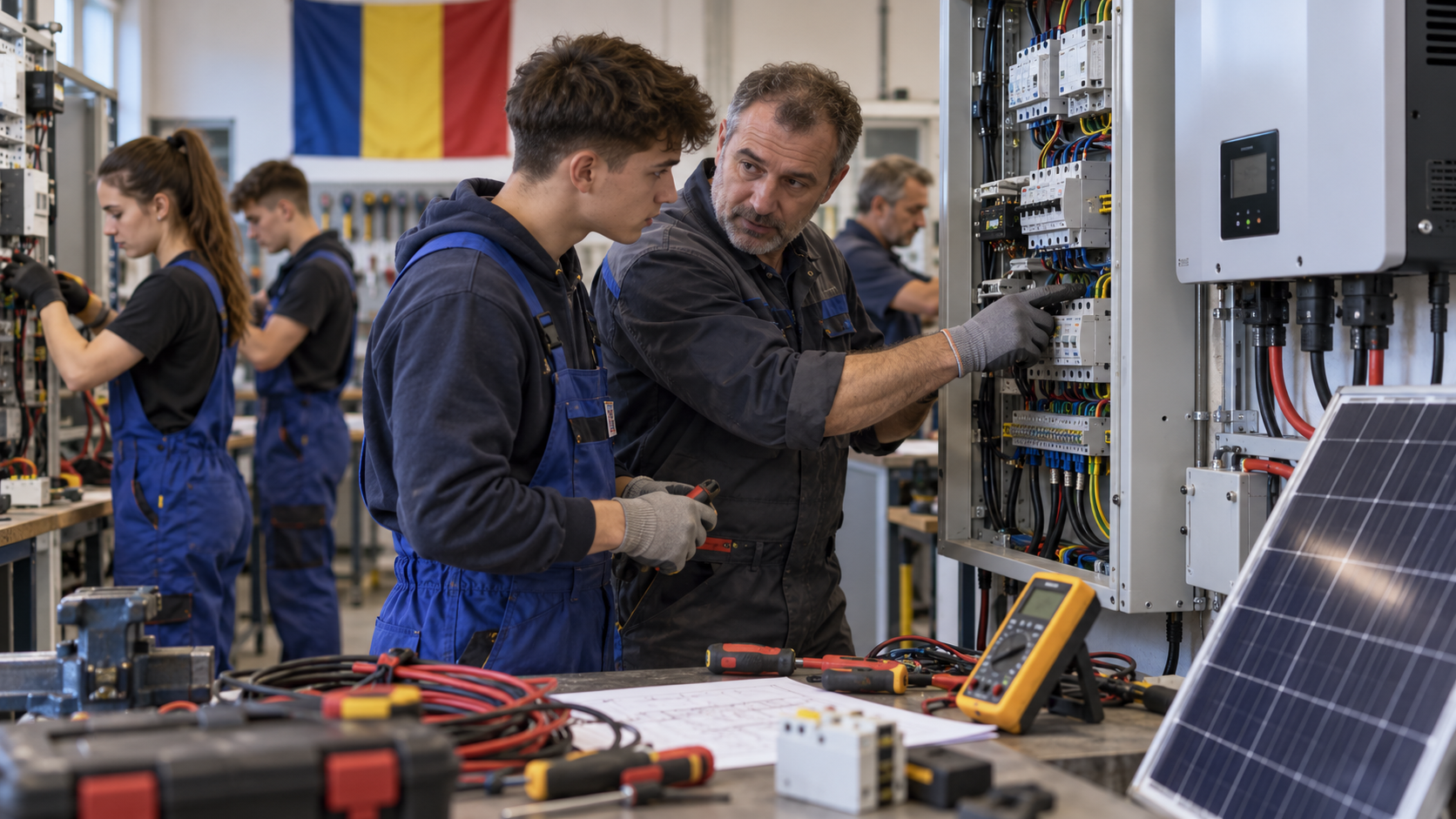 Un electrician experimentat instruiește un ucenic într-un atelier energetic din România