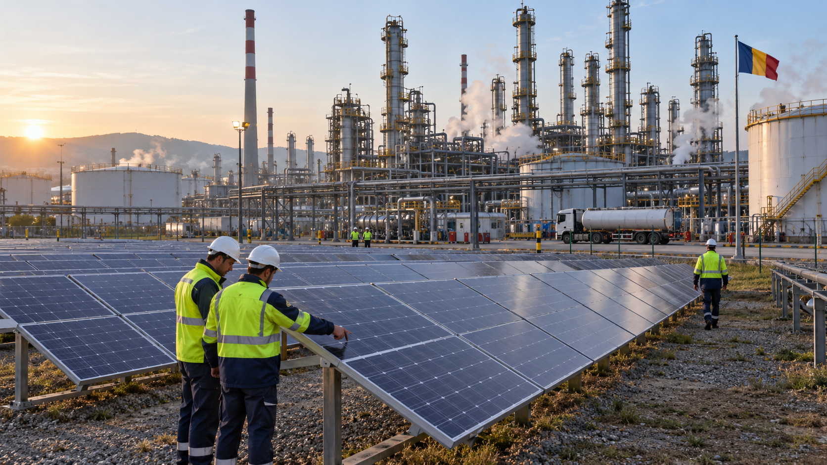 Tehnicieni verifică panouri fotovoltaice instalate lângă o rafinărie din România