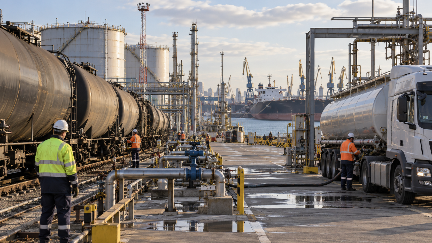 Lucrători coordonează vagoane-cisternă și autocisterne într-un terminal petrolier