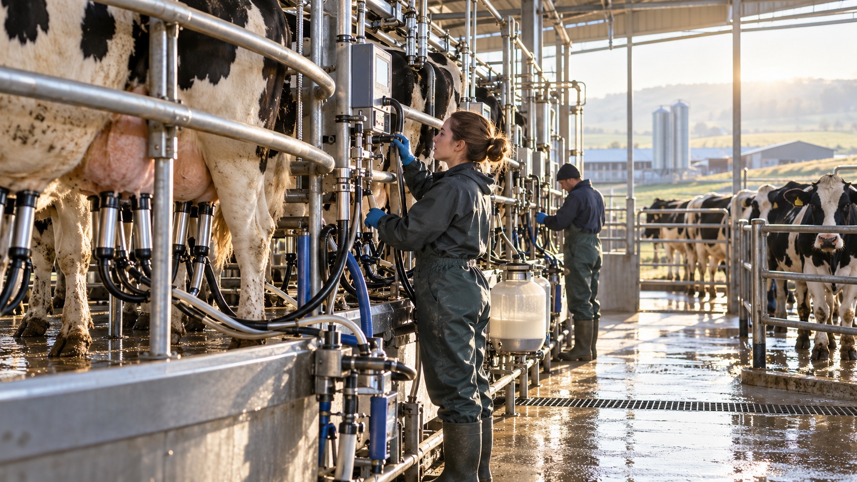 Angajați care monitorizează instalația unei ferme de lapte