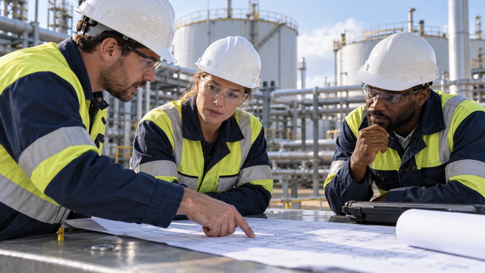 Lucrători industriali discutând un plan operațional