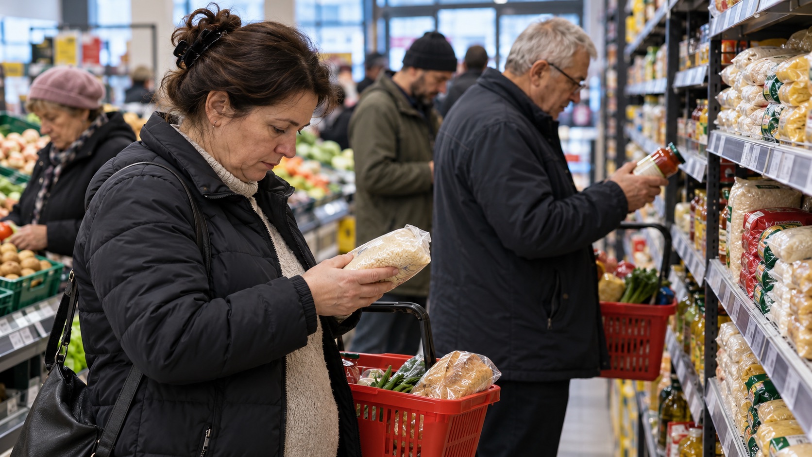 Cumpărători care compară prețurile alimentelor într-un magazin
