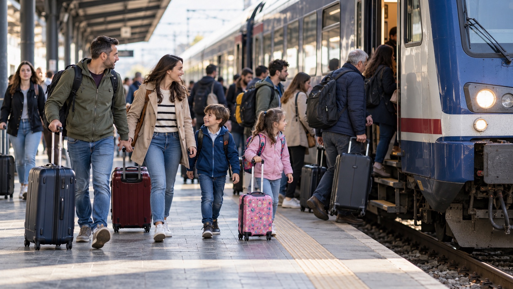 Călători cu bagaje urcând într-un tren de pasageri