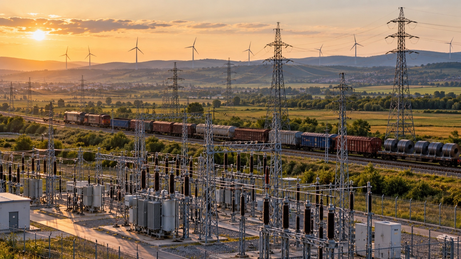 Rețea electrică, tren de marfă și turbine eoliene